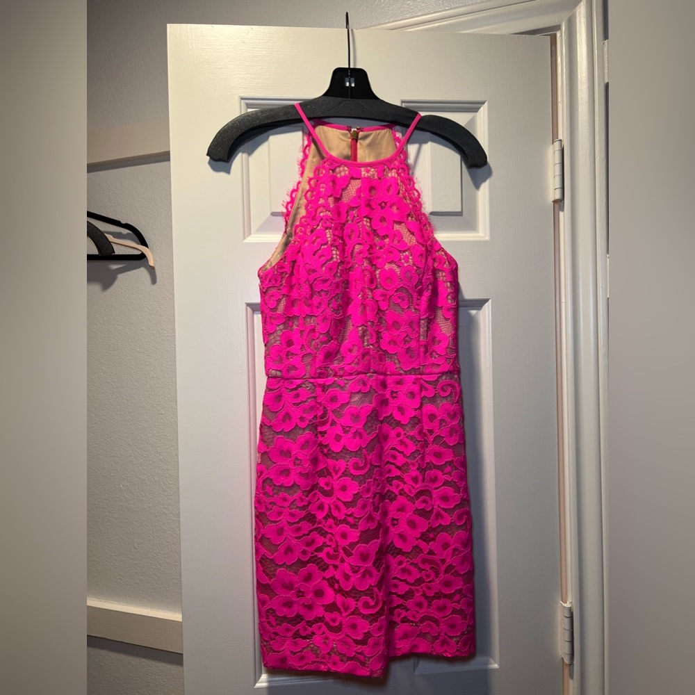 Trina Turk halter neck pink lace dress
